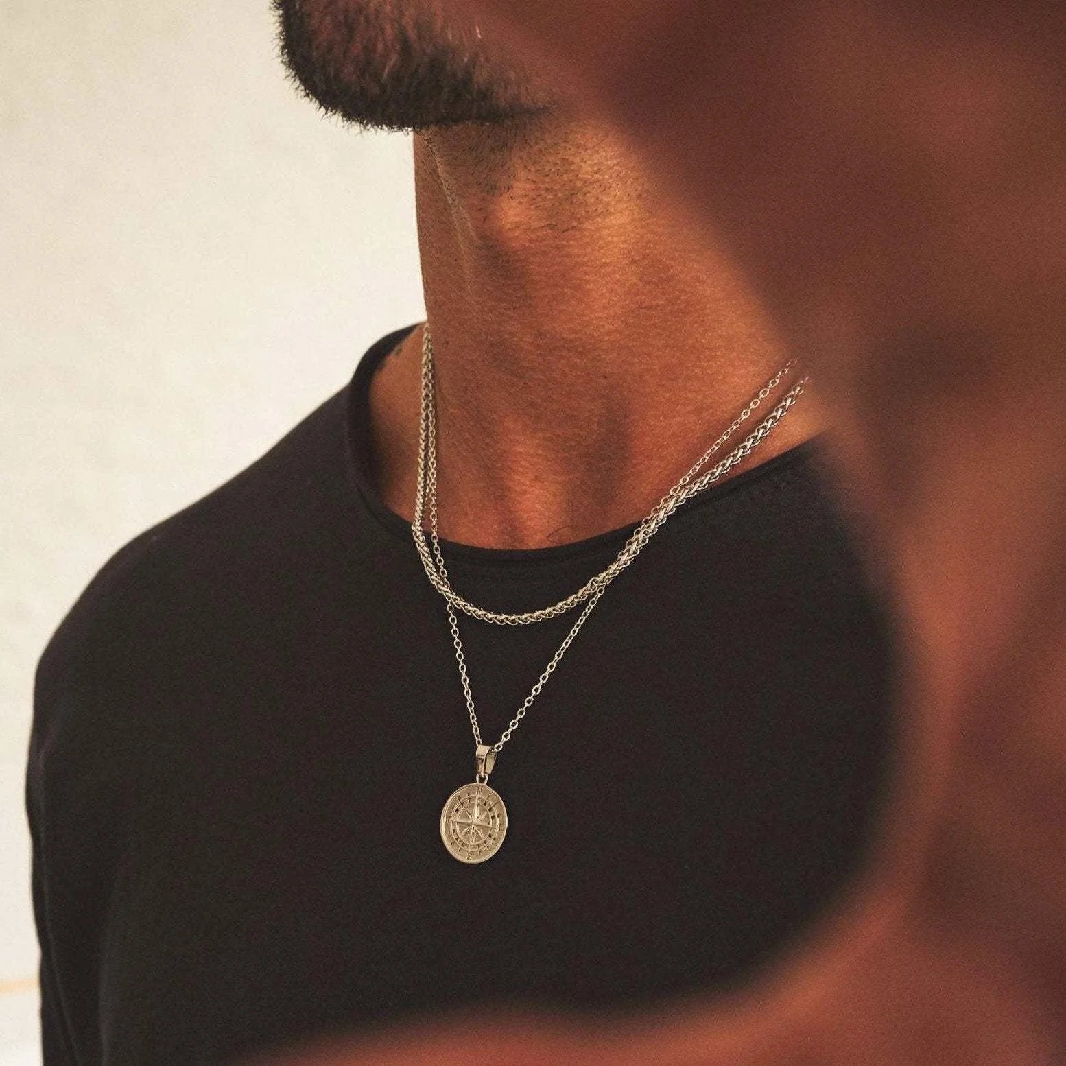 Vnox Men's Layered Compass Necklace